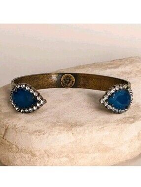 Loren Hope Blue Crystal Rhinestone Teardrop Antiqued Brass Open Cuff Bracelet